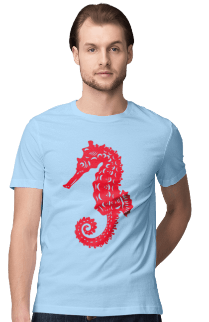 Футболка чоловіча з принтом "Морський коник". Відпочинок, квіти, літні канікули, літо, море, морський коник, морські жителі. 2070702