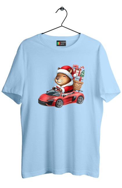 Men's t-shirt with prints Christmas Capybara with a Gift. Animal, capybara, car, christmas, christmas capybara, gift, holiday, new year, new year`s gift, santa. 2070702