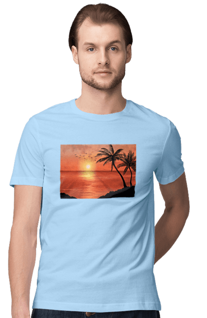 Футболка чоловіча з принтом "Захід Пальми Море". Берег, захід, море, пальми. 2070702