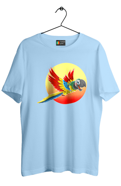 Футболка чоловіча з принтом "Папуга На Тлі Сонця". Ара, веселий, відпочинок, відпустка, диск, жарко, жовтий, коло, кольоровий, крила, літає, літо, папуга, папужка, пір`я, політ, помаранчевий, птах, різнокольоровий, сонце, сонячно, спека, тепло, тропіки, у польоті, червоний. 2070702