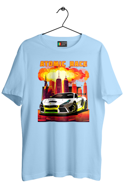 Футболка чоловіча з принтом "Атомна гонка". Авто, автомобіль, атомні перегони, гонки, гоночні машини, спортивна машина, спорткар. 2070702