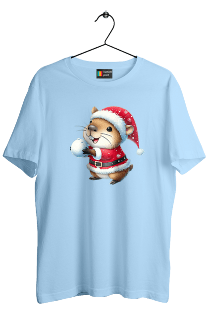 Men's t-shirt with prints Capybara playing snowballs. Animal, capybara, christmas, christmas capybara, game, gift, holiday, new year, santa, snowballs. 2070702