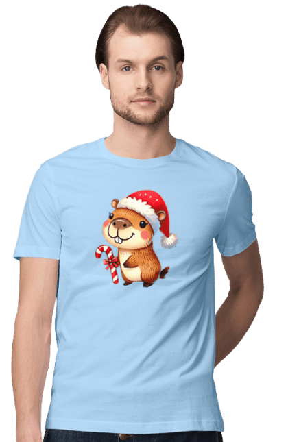 Men's t-shirt with prints Capybara with Christmas Candy. Animal, capybara, christmas, christmas capybara, gift, holiday, lollipop, new year, new year`s gift, santa. 2070702