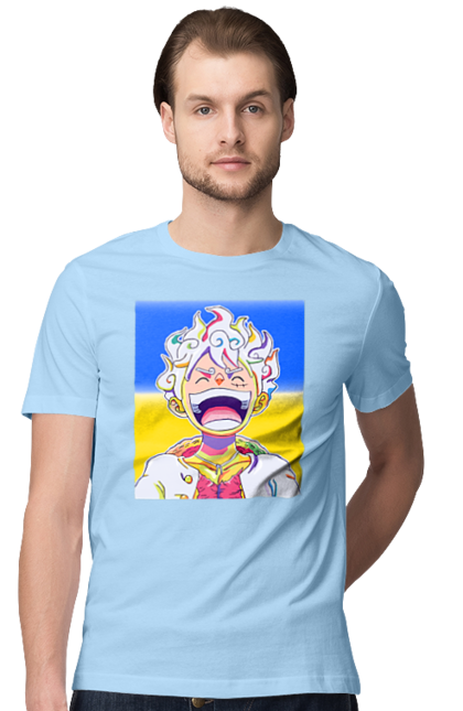 Men`s t-shirt with prints Monkey D Luffy laughing on a yellow blue background. Flag of ukraine, luffy, monkey d luffy, one piece, symbol of ukraine, ukraine. 2070702