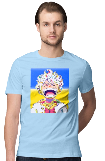 Монкі д Луффі сміється на жовто блактному фоні