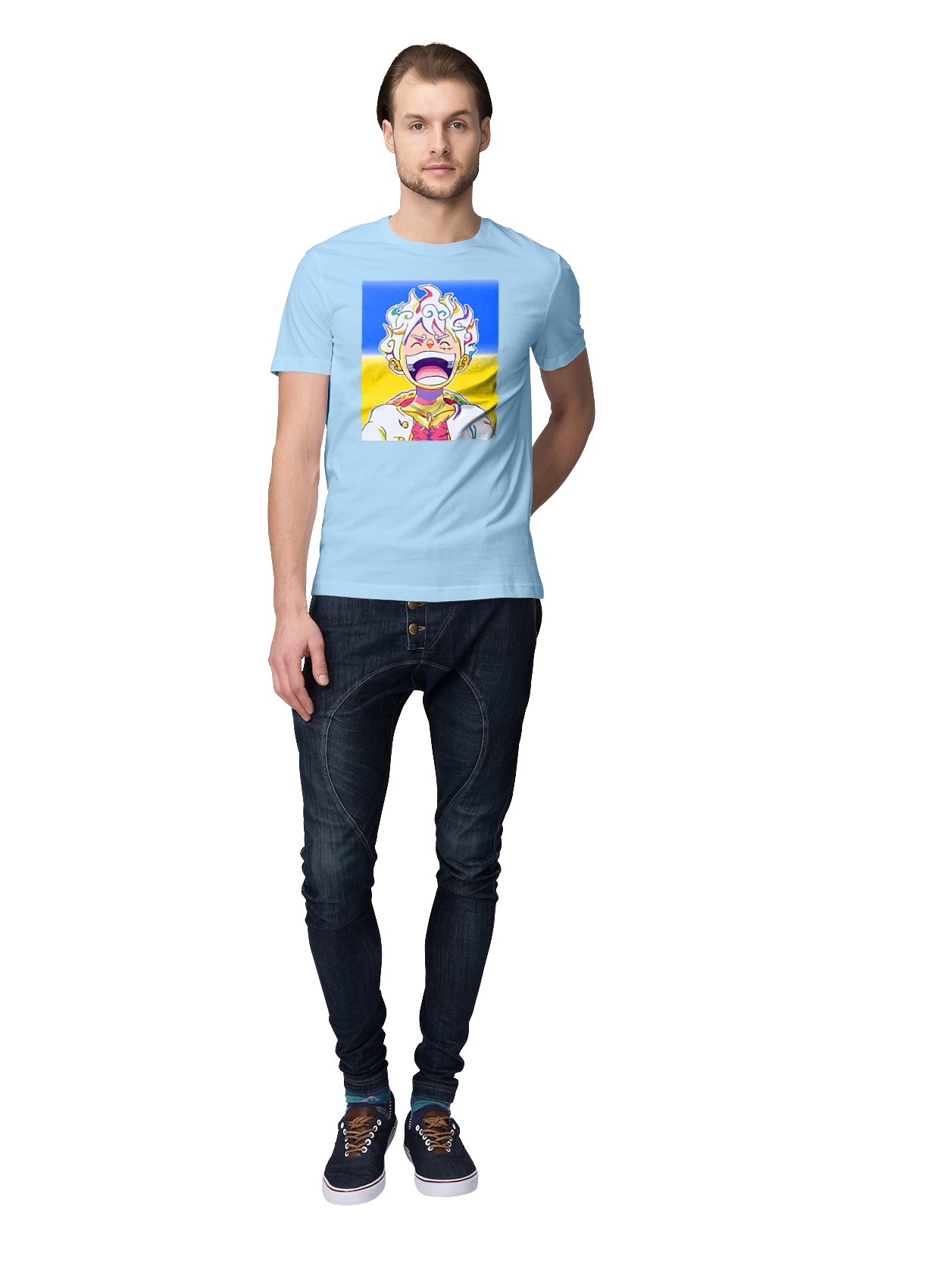 Монкі д Луффі сміється на жовто блактному фоні