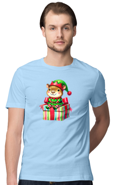 Men's t-shirt with prints Christmas Capybara with a Gift. Animal, capybara, christmas, christmas capybara, christmas elves, gift, holiday, new year, new year`s gift, santa. 2070702