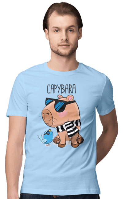 Men`s t-shirt with prints Stylish Capybara. Animal, bird, capybara, fashionable capybara, glasses, mood, striped scarf, stylish capybara, sunglasses. 2070702