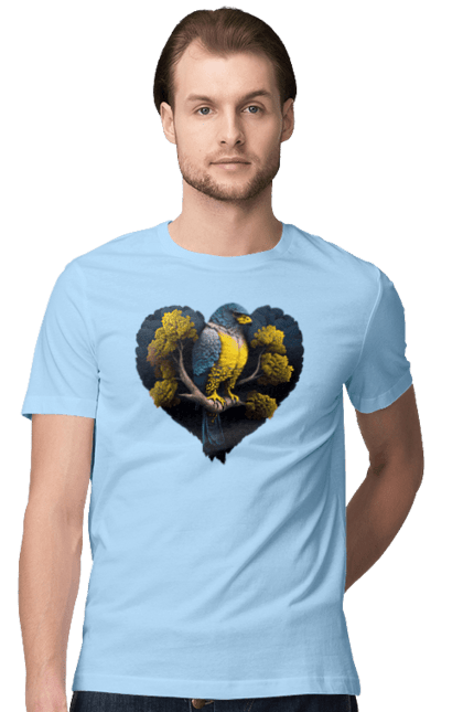 Men`s t-shirt with prints Blue and yellow falcon. Falcon, flag of ukraine, heart, symbol of ukraine, tree, ukraine. 2070702