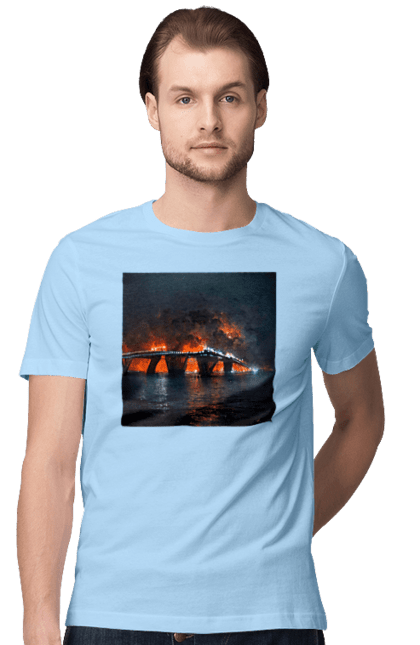 Футболка чоловіча з принтом "Кримський мост горить". Армія росії, армія україни, годить, зсу, крим, мост, удар, удар зсу. 2070702
