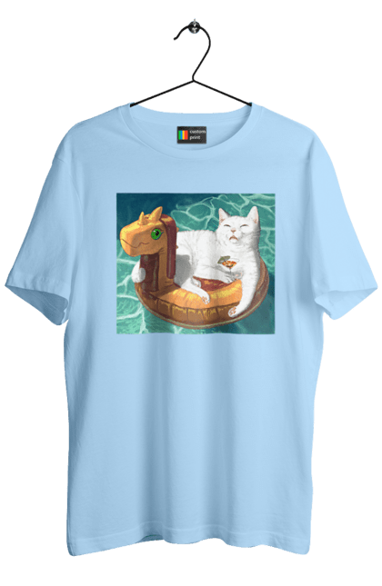 Футболка чоловіча з принтом "Білий кіт у плавальному колі, на відпочинку". Басейн, відпочинок, кіт, коктейль, море, плавальний круг. 2070702