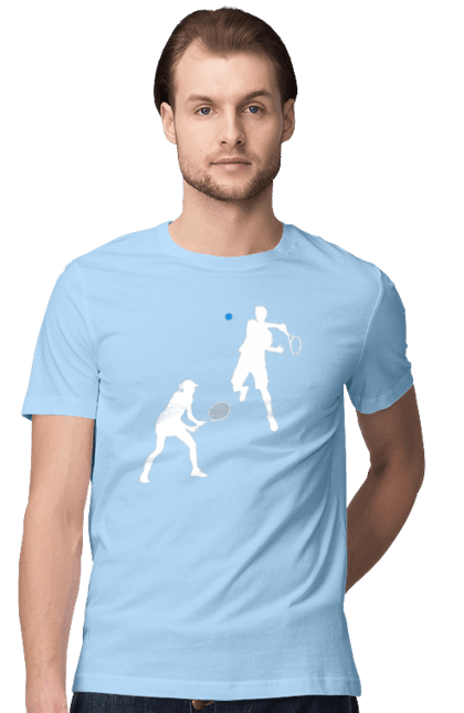 Men`s t-shirt with prints Tennis. Ball, ground tournament, hard, players, prize fund, racket, soil, sponsor, tennis, tournament grid. 2070702