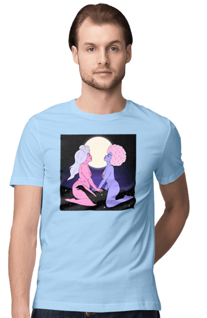 Футболка чоловіча з принтом "Дві Інопланетянки І Місяць". Дівчата, зверху, інопланетянки. 2070702