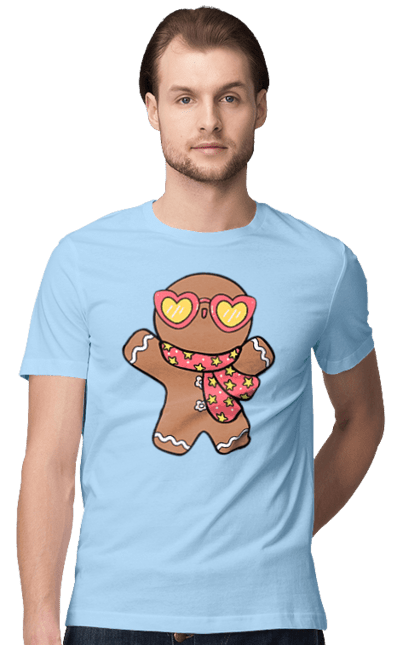 Men's t-shirt with prints Gingerbread with glasses. Christmas, christmas decor, christmas print, cookie, festive mood, gingerbread cookies, new year, sweets, winter holidays. 2070702