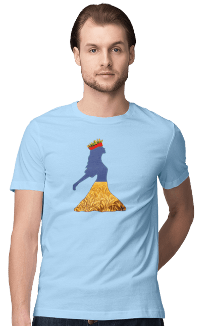 Men`s t-shirt with prints Ukraine. Girl, national colors, poppies, sky, wheat field, wreath, yellow blue. 2070702