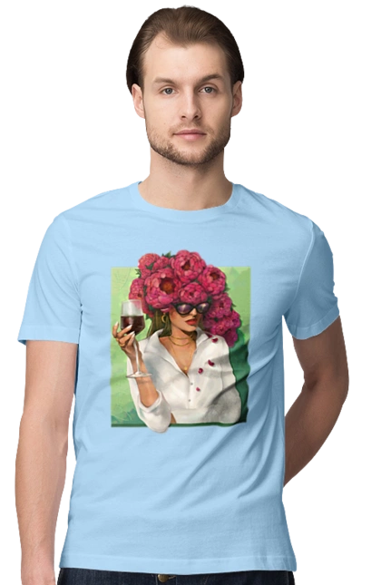 Girl with peonies and a glass