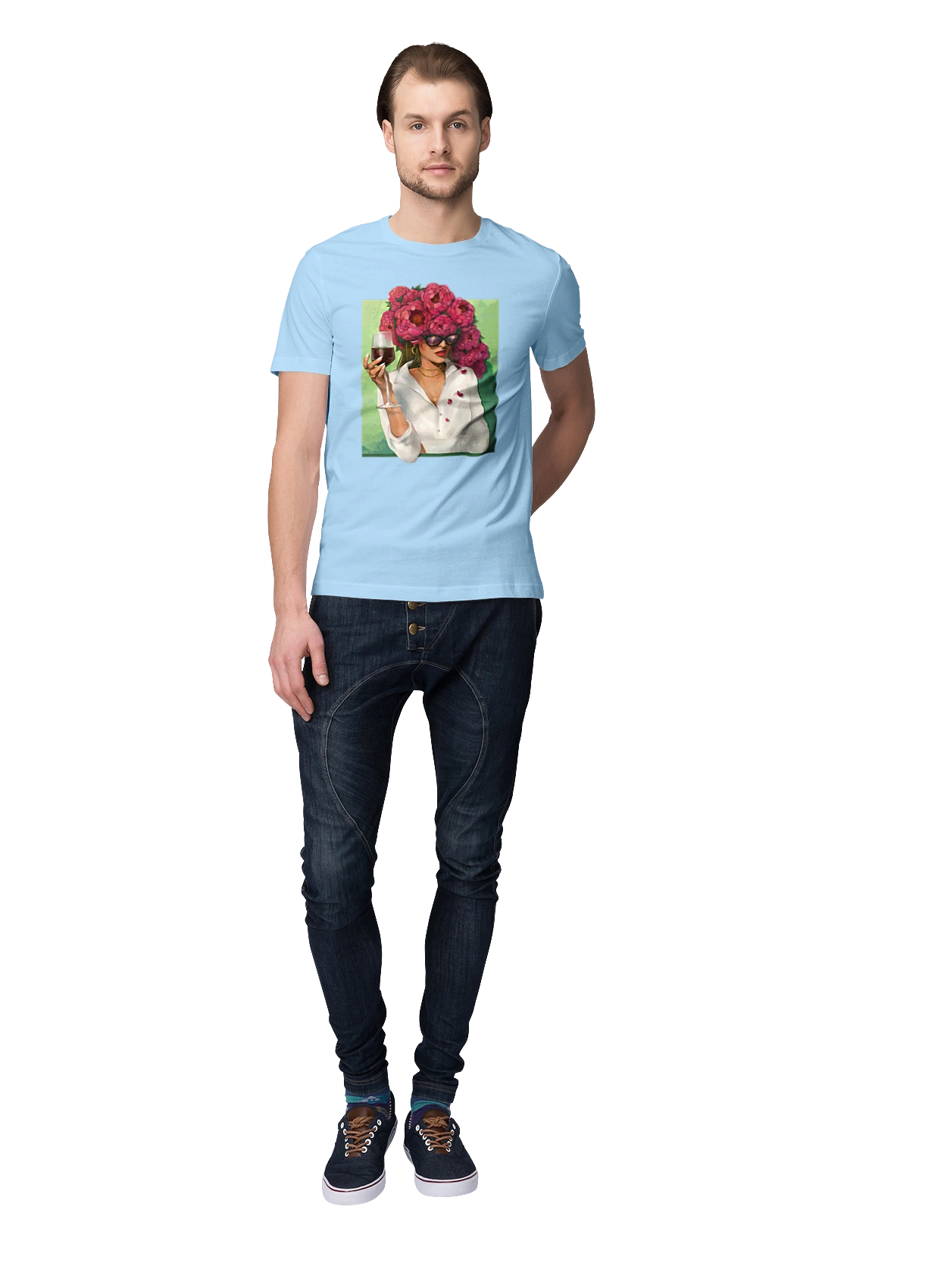 Girl with peonies and a glass