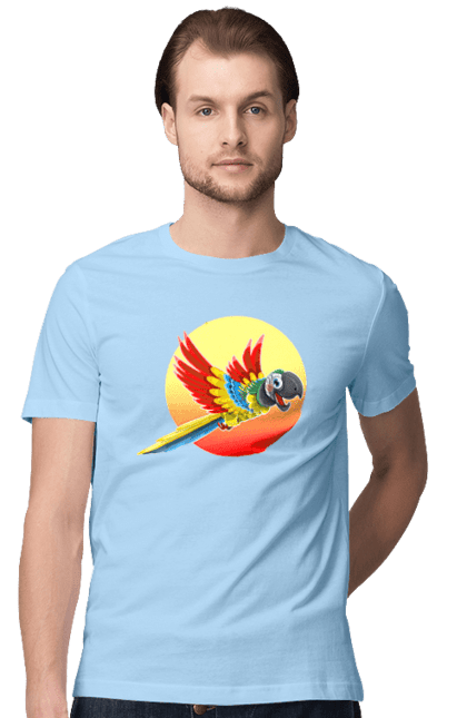 Футболка чоловіча з принтом "Папуга На Тлі Сонця". Ара, веселий, відпочинок, відпустка, диск, жарко, жовтий, коло, кольоровий, крила, літає, літо, папуга, папужка, пір`я, політ, помаранчевий, птах, різнокольоровий, сонце, сонячно, спека, тепло, тропіки, у польоті, червоний. 2070702