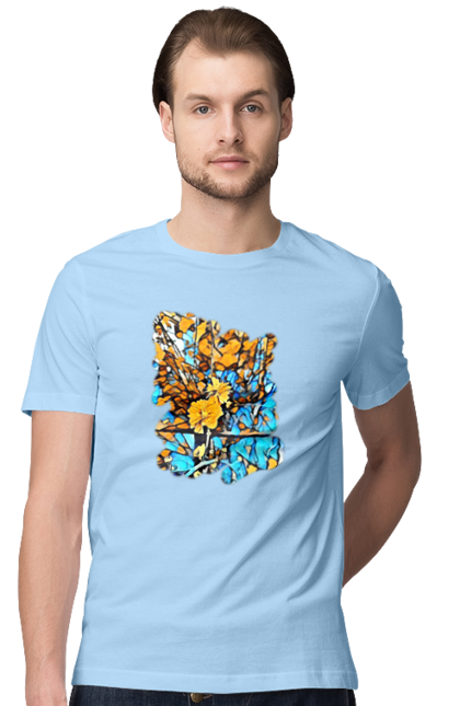 Men`s t-shirt with prints Yellow flowers on a blue background. Art, blue and yellow, blue yellow, drawing, flowers, nature, yellow and blue, yellow blue, yellow flowers. 2070702