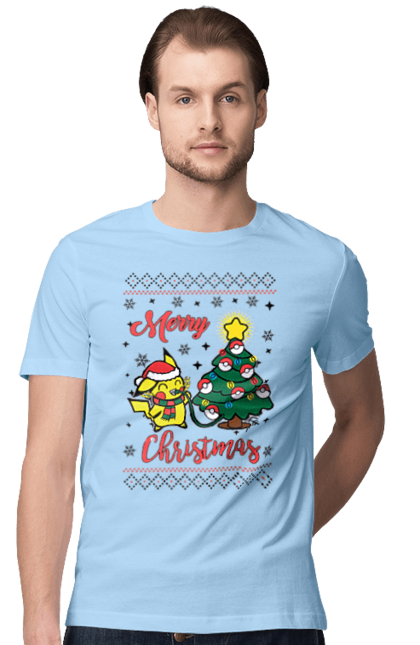 Men`s t-shirt with prints Pikachu Merry Christmas!. Anime, christmas, game, manga, merry christmas, nintendo, pikachu, pokemon. 2070702