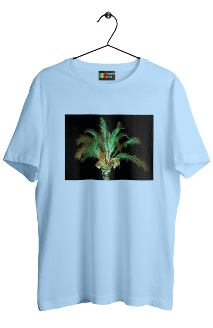 Футболка чоловіча з принтом "Фінікова Пальма Вночі". Берег, відпочинок, відпустка, зелений, море, ніч, оазис, океан, острів, пальма, південь, подорож, пригоди, тропіки, фінікова, чорне. 2070702