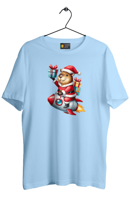 Men's t-shirt with prints Christmas Capybara with a Gift. Animal, capybara, christmas, christmas capybara, gift, holiday, new year, new year`s gift, rocket, santa. 2070702