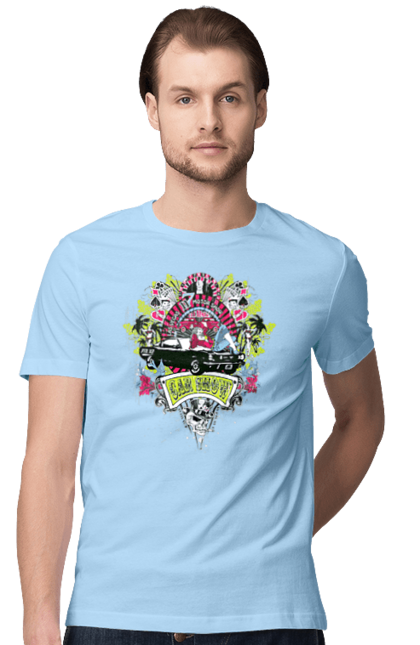 Men`s t-shirt with prints Car Show, Summer. Automobile, cards, money, palm, show. 2070702