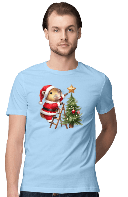 Men's t-shirt with prints Christmas Capybara with a Tree. Animal, capybara, christmas, christmas capybara, christmas tree, gift, holiday, new year, new year`s gift, santa. 2070702