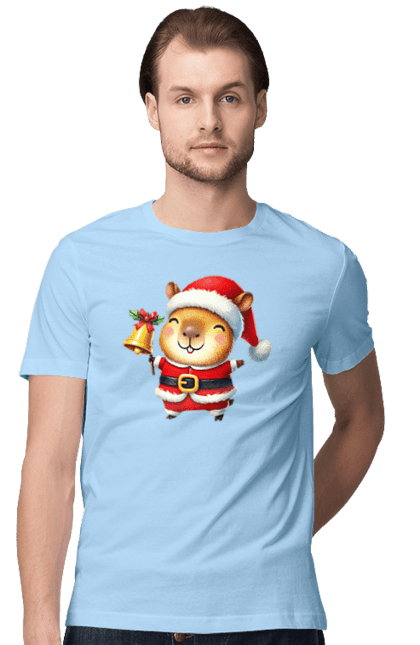 Men's t-shirt with prints Funny capybara with a bell. Animal, bell, capybara, christmas, christmas capybara, gift, holiday, new year, new year`s gift, santa. 2070702