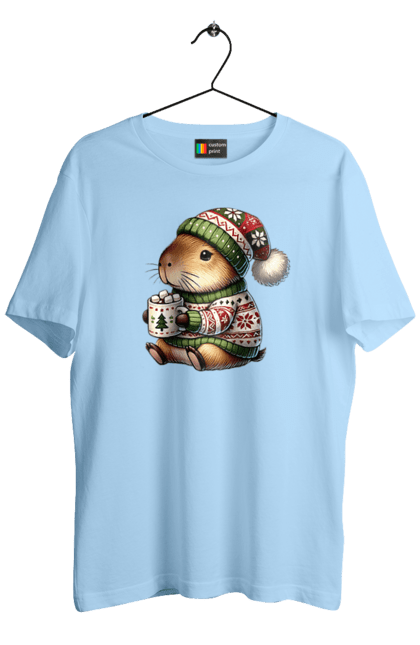 Men's t-shirt with prints Capybara with hot chocolate. Animal, capybara, christmas, christmas capybara, gift, holiday, hot chocolate, new year, santa. 2070702