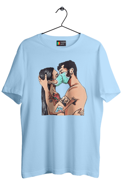 Men`s t-shirt with prints Coronavirus Love. Coronavirus, kiss, love, mask, quarantine. 2070702