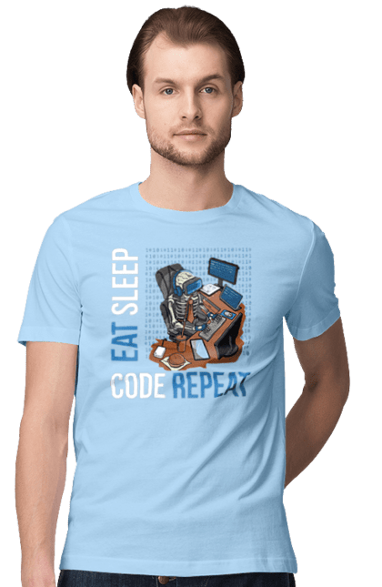Футболка мужская с принтом Ешь Cпи Кодь Повторяй. Айти, айтишник, для айтишника, для программиста, ешь cпи, кодь повторяй, подарок айтишнику, подарок программисту, программист, разработчик. 2070702