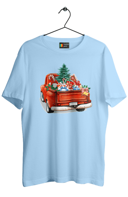 Men`s t-shirt with prints Car with gifts. Car, christmas, new year, presents, santa, tree. 2070702