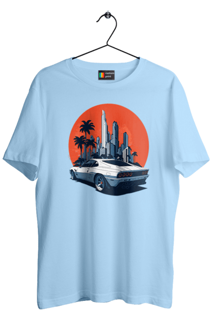 Футболка чоловіча з принтом "Авто". Гонка, захід сонця, спортивний автомобіль, швидкість. 2070702
