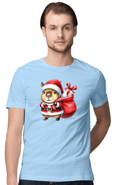 Men's t-shirt with prints Christmas capybara with a gift. Animal, capybara, christmas, christmas capybara, gift, holiday, new year, new year`s gift, santa. 2070702