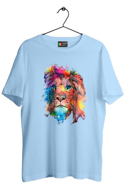 Футболка чоловіча з принтом "Лев із фарби". Барвистий лев, індійський лев, лев, лев та холі, розмальовка, святковий лев, фарби, холи. 2070702