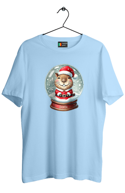 Men's t-shirt with prints Capybara in a snow globe. Animal, capybara, christmas, christmas capybara, gift, holiday, new year, new year`s gift, santa, snow globe. 2070702