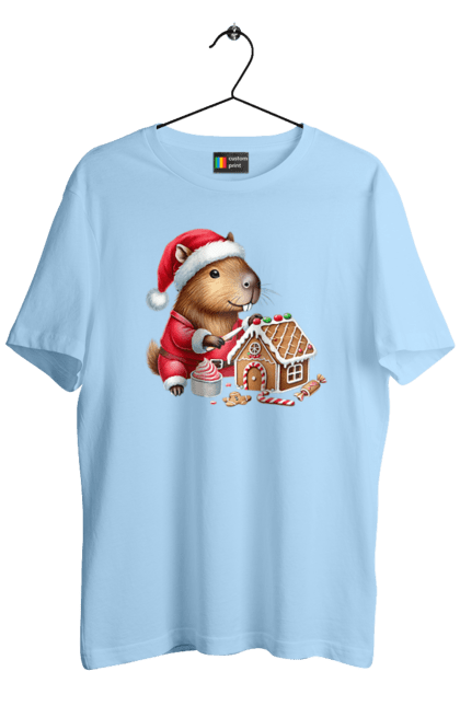 Men's t-shirt with prints Capybara builds a gingerbread house. Animal, capybara, christmas, christmas capybara, gift, gingerbread, gingerbread house, holiday, new year, new year`s gift. 2070702