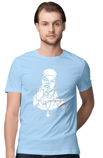 Men`s t-shirt with prints The nun sniffs the powder. Cool, cross, fashionable, nun, popular. 2070702