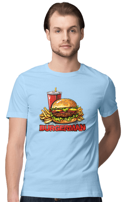 Футболка чоловіча з принтом "Burgerman". Бургер, для чоловіків, їжа, літні, макдональдс, прикольні, трендові, фаст фуд, чоловічі. 2070702