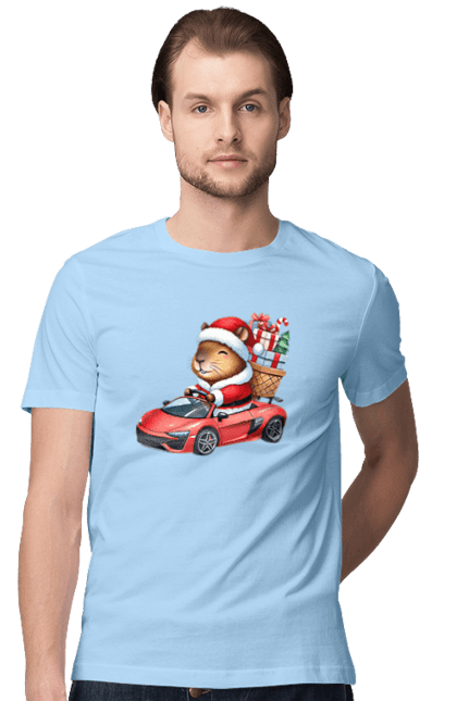 Men's t-shirt with prints Christmas Capybara with a Gift. Animal, capybara, car, christmas, christmas capybara, gift, holiday, new year, new year`s gift, santa. 2070702