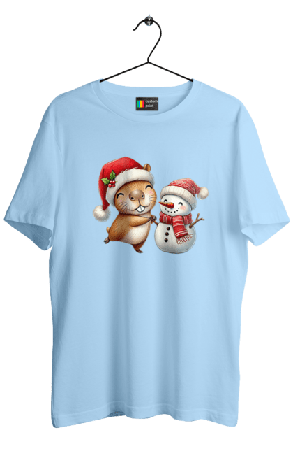 Men's t-shirt with prints Capybara and Snowman. Animal, capybara, christmas, christmas capybara, gift, holiday, new year, new year`s gift, santa, snowman. 2070702