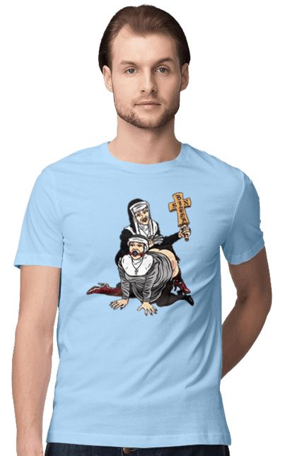 Футболка чоловіча з принтом "Монашки БДСМ". Бдсм, крута, модна, молодіжна, плескає по дупі, рок, рольові ігри, черниці бдсм, черницю, черниця. 2070702