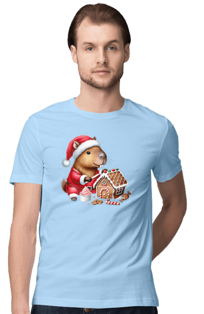 Men's t-shirt with prints Capybara builds a gingerbread house. Animal, capybara, christmas, christmas capybara, gift, gingerbread, gingerbread house, holiday, new year, new year`s gift. 2070702