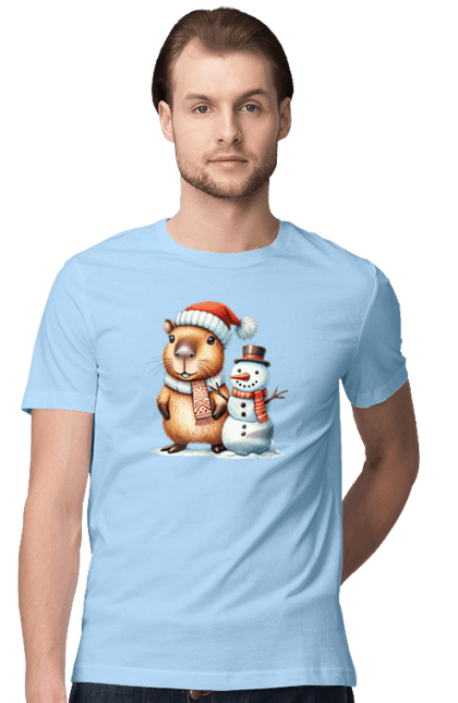 Men's t-shirt with prints Capybara and Snowman. Animal, capybara, christmas, christmas capybara, gift, holiday, new year, new year`s gift, santa, snowman. 2070702