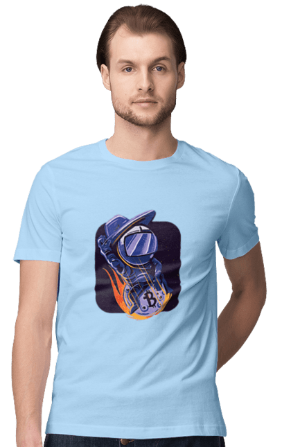 Футболка чоловіча з принтом "Космо біткоїн". Биткоин, бінарний, біткоїн, біткойн, валюта, гроші, крипто, програміст, хакер. 2070702