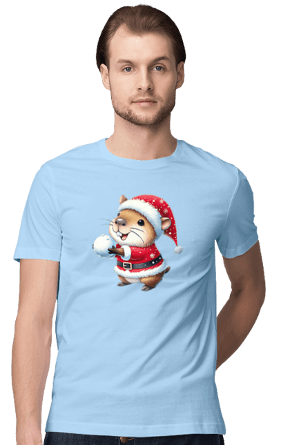 Men's t-shirt with prints Capybara playing snowballs. Animal, capybara, christmas, christmas capybara, game, gift, holiday, new year, santa, snowballs. 2070702