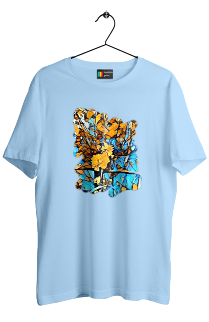 Men`s t-shirt with prints Yellow flowers on a blue background. Art, blue and yellow, blue yellow, drawing, flowers, nature, yellow and blue, yellow blue, yellow flowers. 2070702