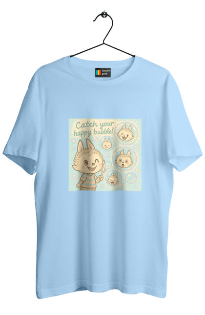 Футболка чоловіча з принтом "Лабубу". Бульбашки, грайливо, каваї, казково, лабубу, милаілюстрація, ніжнікольори, пастельнамистецтво, щасливі бульбашки. 2070702