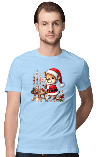 Men's t-shirt with prints Capybara and Christmas Dinner. Animal, capybara, christmas, christmas capybara, christmas dinner, gift, holiday, new year, new year`s gift, santa. 2070702